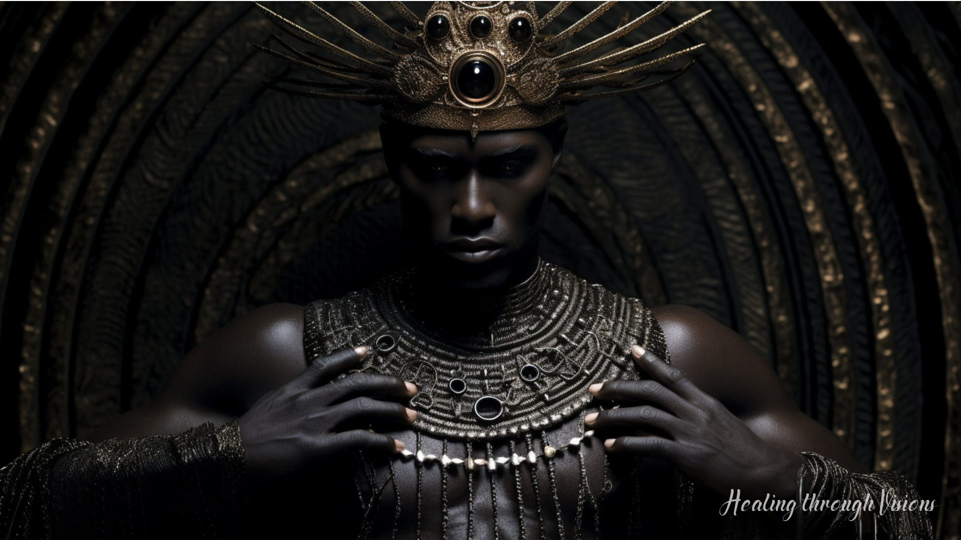 In the realm of Saturn's dominant masculine energy, a powerful Black divine presence emerges. Standing tall and resolute, his commanding presence exudes strength and wisdom. His ebony skin glistens like the night sky, adorned with intricate patterns that mirror the rings of Saturn, a celestial symbol of his authority and divine guidance. His eyes, deep and intense, hold the secrets of the Universe, reflecting the vastness of his knowledge and the depth of his cosmic connection. A crown of stars rests upon his head, each radiant point representing his mastery over time and structure. With each step he takes, the ground beneath him resonates with a low, rhythmic hum, echoing the steady beat of Saturn's energy.