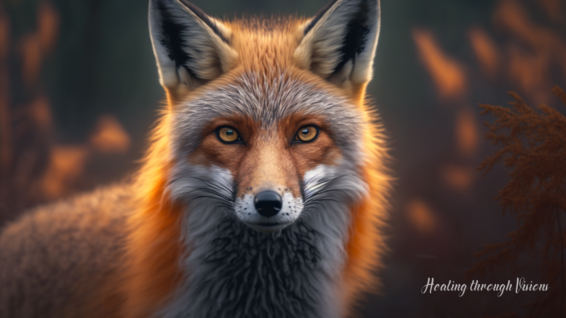 A stunning portrait of a red fox, captured in the middle of a forest clearing. Its fur is a deep, vibrant shade of red, with white underbelly and black legs. Its piercing eyes are a fiery yellow.