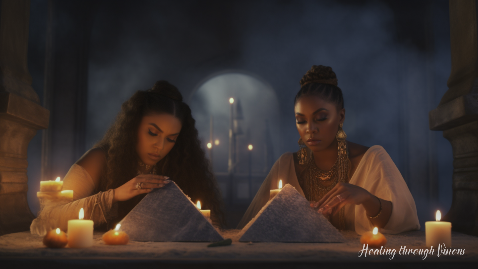 A mystical interpretation of sacred ritual or ceremony, with two Black high priestesses seated next to each other, hands placed on a beautifully adorned pyramid crystal as they prepare for the signing of a soul contract. Candles and other spiritual elements are incorporated, creating an atmosphere of reverence and magic.