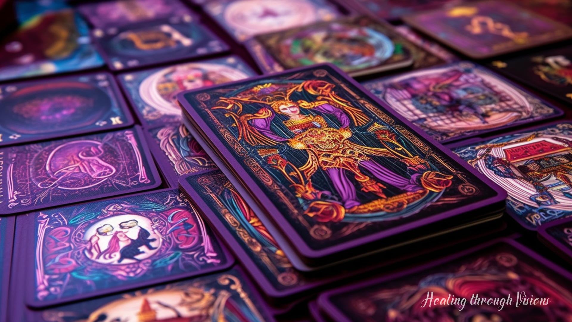 The image depicts a vibrant and intricate tarot card, brimming with rich symbolism and meaning. The card's background is a deep shade of purple, representing spiritual awareness and intuition. In the center of the card, a figure with outstretched arms stands tall and proud, representing the reader's own journey towards self-discovery and empowerment. Surrounding the figure, various symbols and images - such as a blooming lotus flower, a soaring bird, and a winding path - hint at the transformative and expansive energy of the tarot. The card seems to radiate with a pulsing energy, inviting the viewer to tap into their own inner wisdom and explore the mysteries of the Universe.