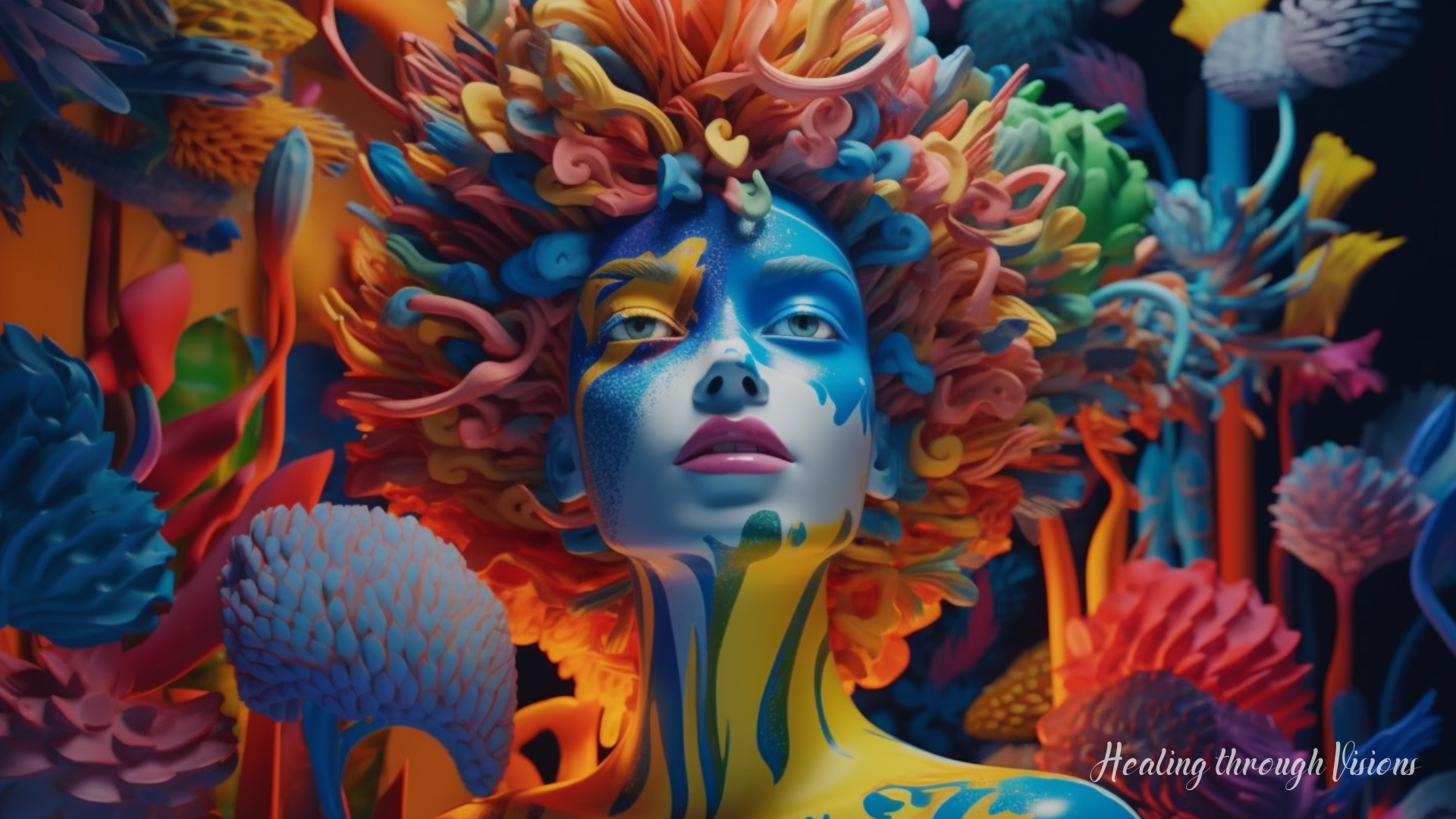 Vivid, magical, vibrant, surreal, Pablo Picasso-esque depiction of alternate realities. A blue humanoid being with hair strands of clay like colorful coils stands proudly as they are surrounded by a rainbow of vivid colors.