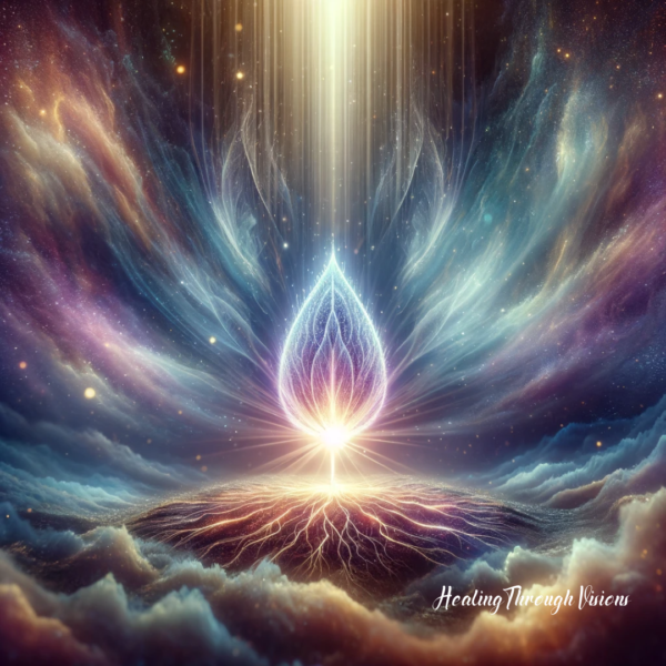 In the center, a luminous, mystical seed deeply implanted in divine, fertile soil, radiating a vibrant aura. The background is ethereal, with a spectrum of soft, otherworldly colors blending seamlessly, creating an aura of tranquility and profound depth. The seed symbolizes protection, growth, and spiritual awakening, embodying the essence of a sacred meditation space.