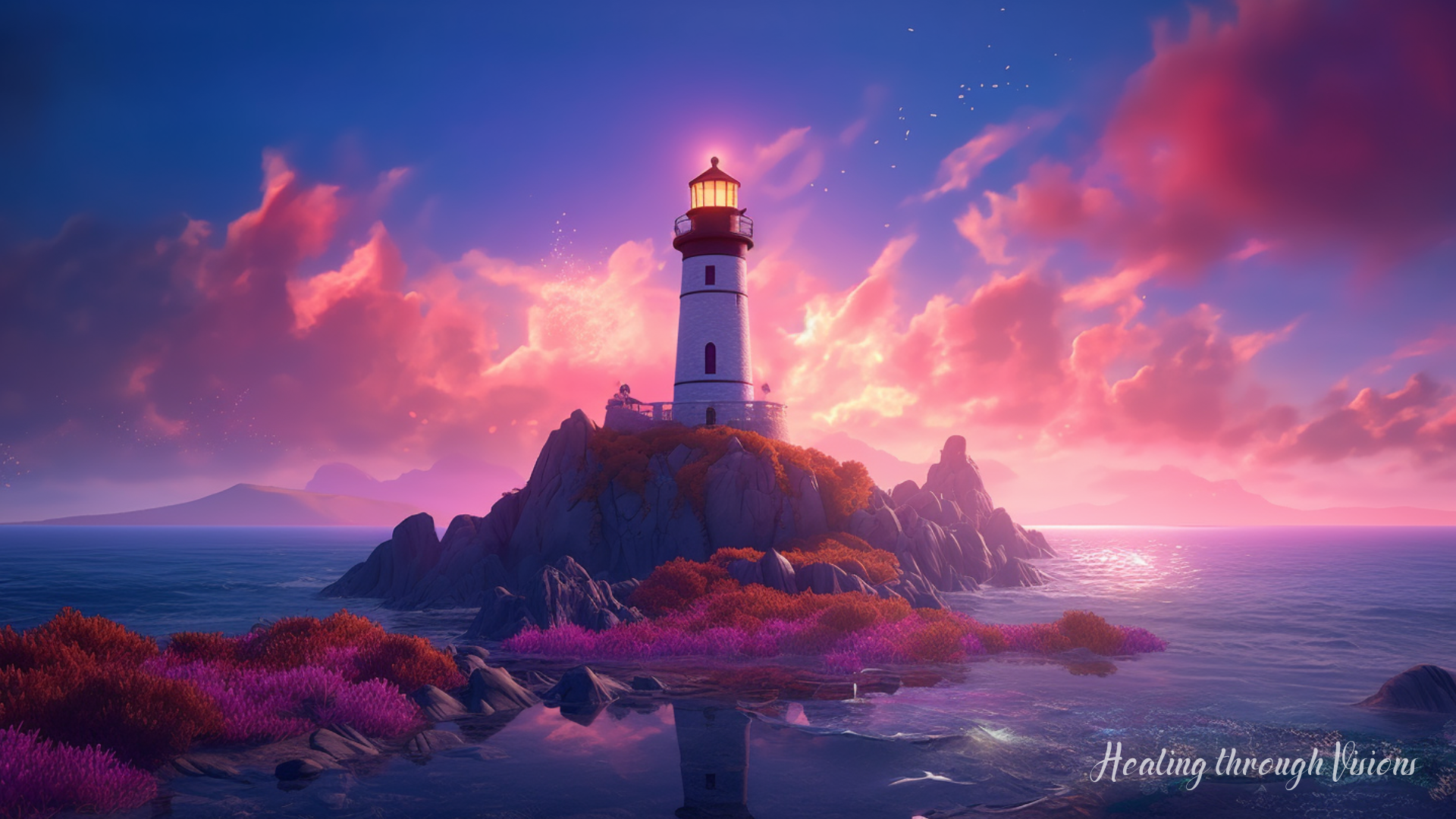 A powerful ancient, magical lighthouse high on an island hill is being restored in the future, the horizon is surrounded by vivid hues of purples and pinks representing safety, comfort and love, the sunlight reflects on the ocean waters.