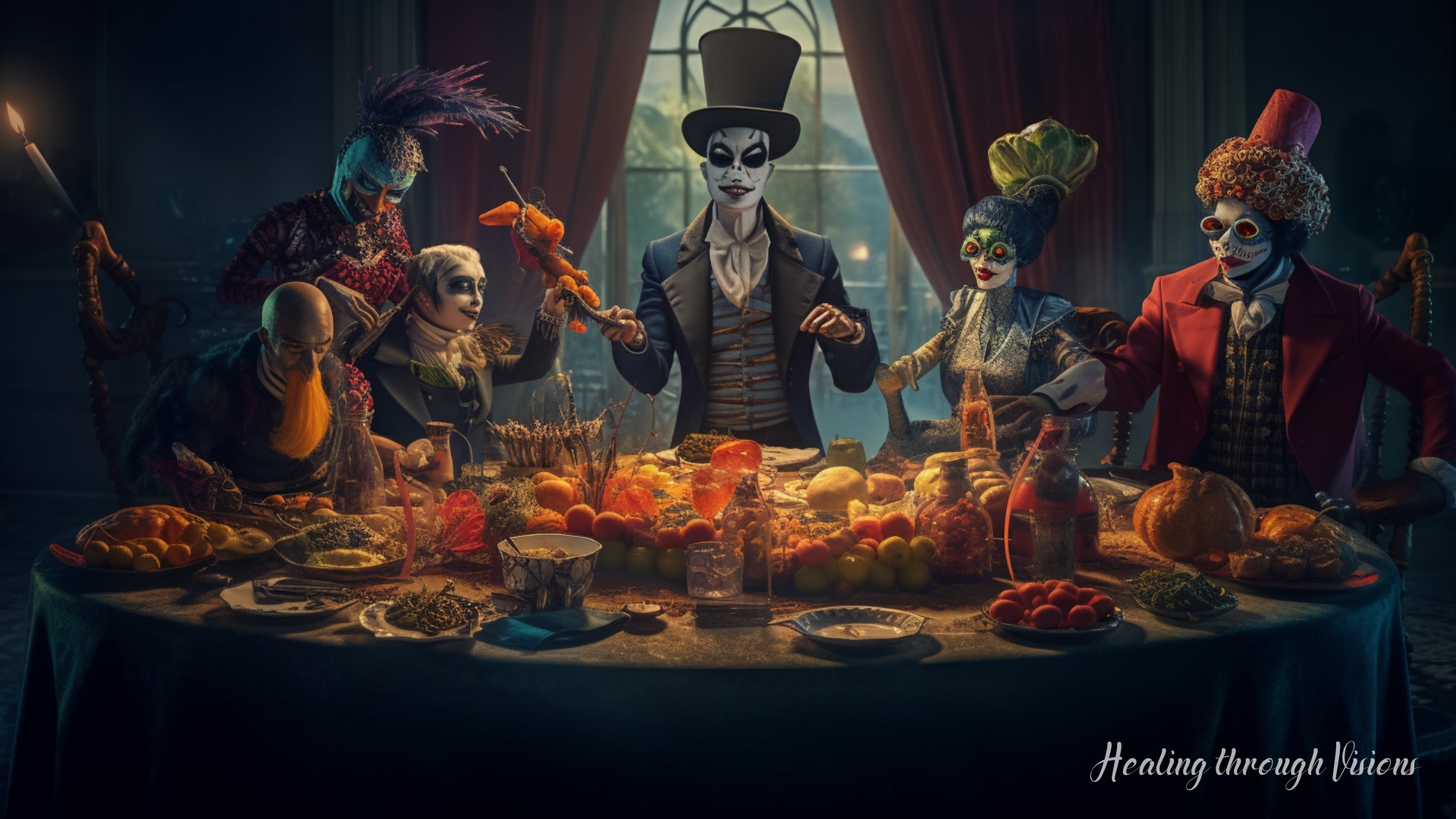 A digital representation of realistic-looking inner villains comes to life. They are gathered around a large, beautifully adorned table, illuminated by a soft, ethereal light. Each character is distinct, reflecting their unique energy and essence. The Inner Critic sits with an air of authority, the Saboteur wears a mischievous grin, the Victim emanates strength beneath a cloak of vulnerability, and the Judge exudes a sense of wisdom. The Brat's playful spirit shines through, while the Succubus exudes confidence and allure. The People Pleaser/Martyr wears a compassionate expression, and the Perfectionist/Control Freak exudes determination. Lastly, the Procrastinator/Avoider sits with a mix of hesitation and curiosity. Together, they engage in deep conversation and reach a significant agreement, symbolizing a moment of profound transformation and growth. The scene is filled with magical energy, pulsating colors, and an atmosphere of possibility and empowerment.