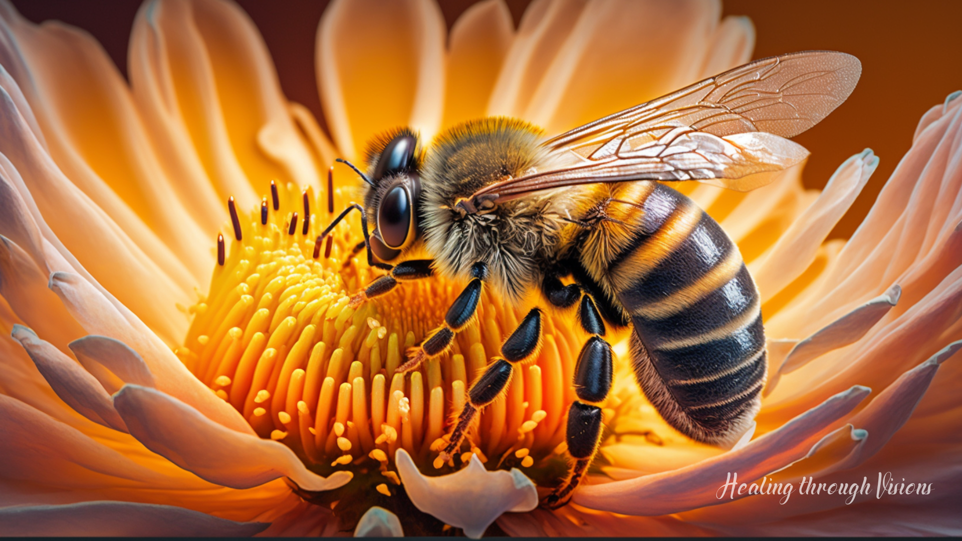 The image depicts a magical scene in which a honey bee hovers over a beautiful flower, dropping its pollen onto the delicate petals. The bee is shown in exquisite detail, with its wings and stripes glistening in the sunlight. The flower is equally beautiful, with its petals unfurled and radiating a vibrant energy and light. The image is suffused with a sense of magic and wonder, with the bee and the flower representing the interconnectedness of all living things and the power of nature to inspire and transform. The background is a lush, green meadow, teeming with life and buzzing with energy. The overall effect is one of enchantment and beauty, inviting the viewer to contemplate the miracle of life and the wonders of the natural world.