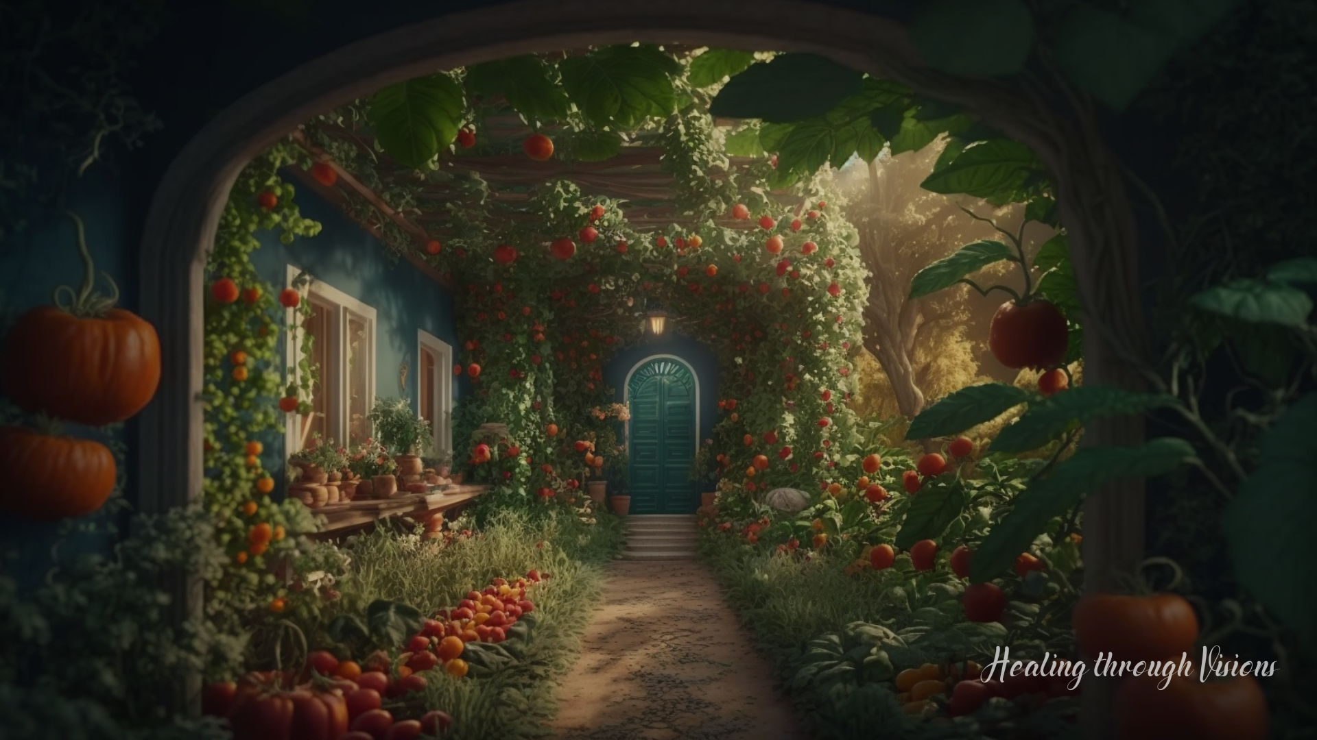 A magical garden, overflowing with life and vibrant colors. The garden is full of tall tomato plants, their plump red fruit peeking out between green leaves. Pothos plants hang from trellises, their long vines trailing down to touch the lush grass below, the tomatoes' shapes adding to the abundance of the garden.