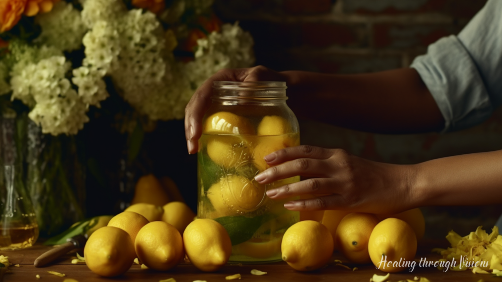 Grandma's hands cutting beautiful fresh lemons on a cutting board next to a large glass jar of freshly squeezed lemonade. The essence in the air is infused with magic. Yellow flowers bloom vividly in the background.