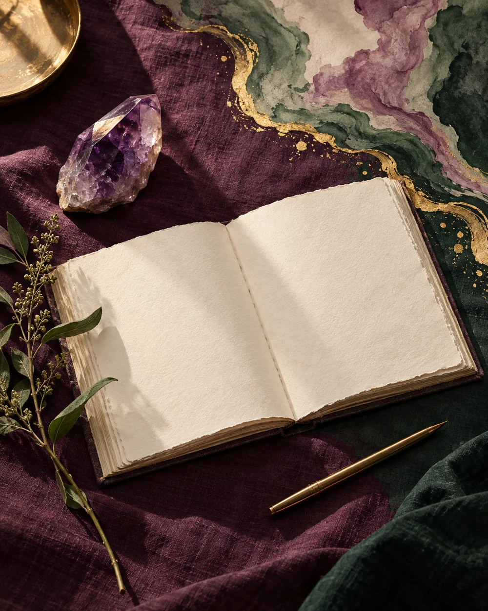 An open journal, amethyst crystal and botanical sprig on plum and green fabric with a flowing gold accent.