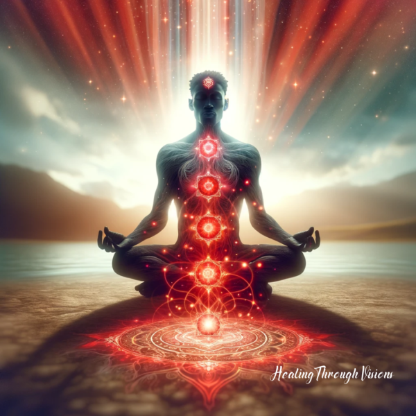 A magical, healing image capturing the energy of the Root Chakra. In the center, the silhouette of a Black man Shaman, embodying wisdom and spiritual grounding. He is seated in a meditative pose, connected to the Earth. Below him, a vibrant red light glows, representing the Root Chakra's energy. This light radiates stability and security, intertwining with the Shaman's energy. The background is tranquil and harmonious, with subtle earthy tones, symbolizing a deep connection to nature and the grounding force of the Root Chakra. The image conveys a sense of powerful healing, spiritual depth, and a strong connection to the Earth.