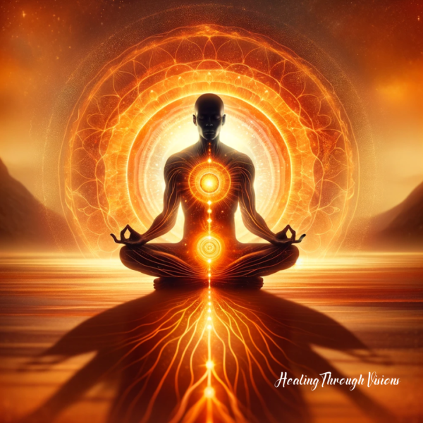 A magical, healing image capturing the energy of the Sacral Chakra. In the center, the silhouette of a Black man Shaman, embodying emotional balance and creativity. He is seated in a meditative pose, deeply connected to the earth. Below him, a radiant orange light glows, symbolizing the Sacral Chakra's energy. This light represents emotional fluidity, creativity, and sexual energy. The background is serene and vibrant, with warm orange hues, evoking a sense of passion, joy, and emotional depth. The image conveys a sense of inner harmony, creative expression, and a deep connection to one's emotions and desires.