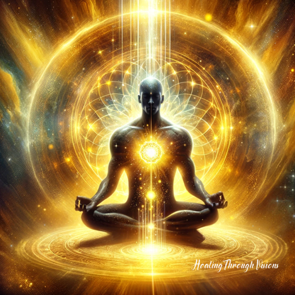 A magical, healing image capturing the energy of the Solar Plexus Chakra. In the center, the silhouette of a Black man Shaman, embodying personal power and self-confidence. He is seated in a meditative pose, deeply connected to the earth. Below him, a bright yellow light glows, representing the Solar Plexus Chakra's energy. This light symbolizes willpower, determination, and self-esteem. The background is radiant and energizing, with golden yellow tones, reflecting a sense of empowerment, courage, and inner strength. The image conveys a feeling of self-assuredness, assertiveness, and a profound connection to one's personal power and identity.